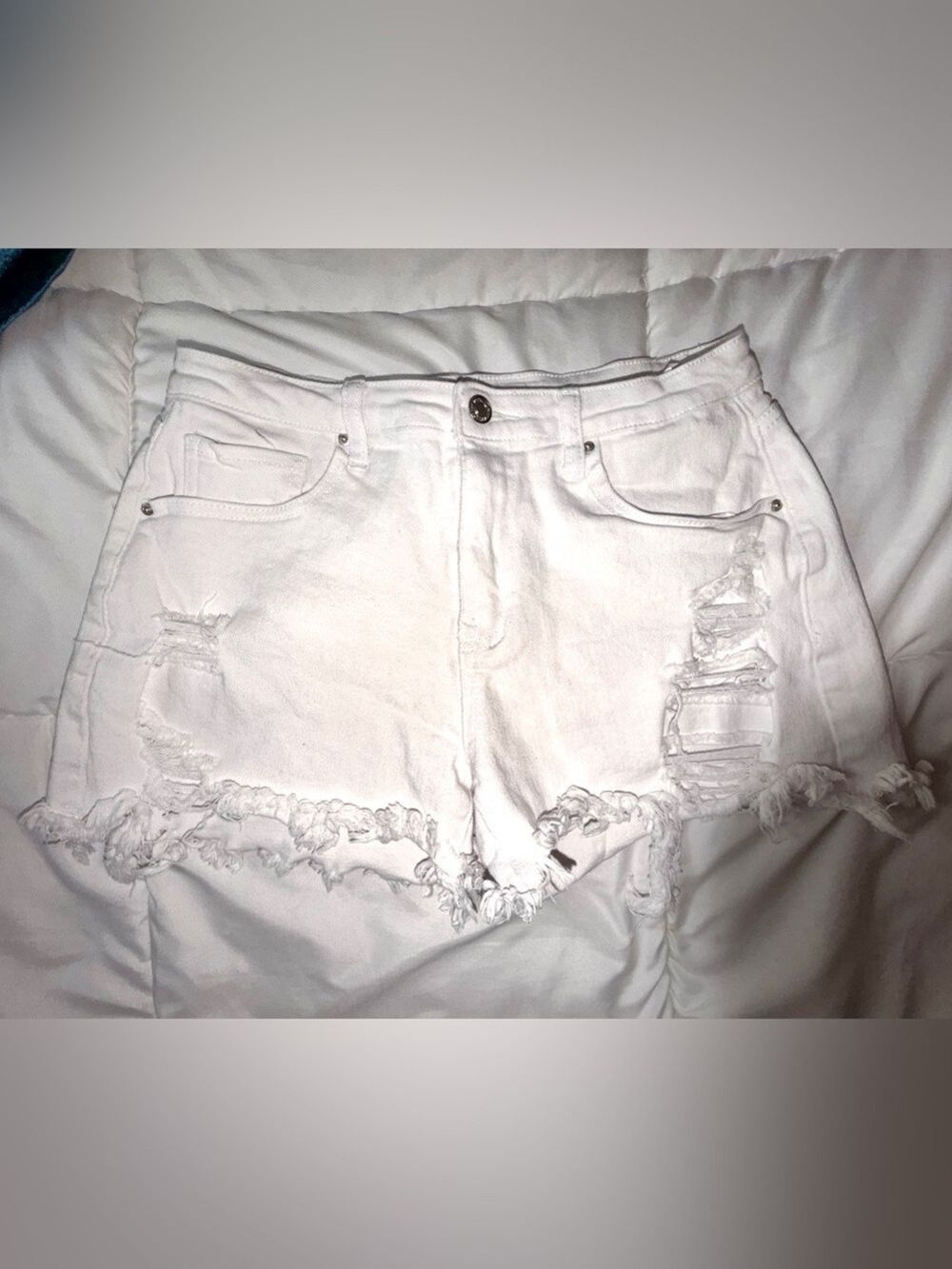White Frayed High-Rise Denim Shorts - Picture 1 of 3